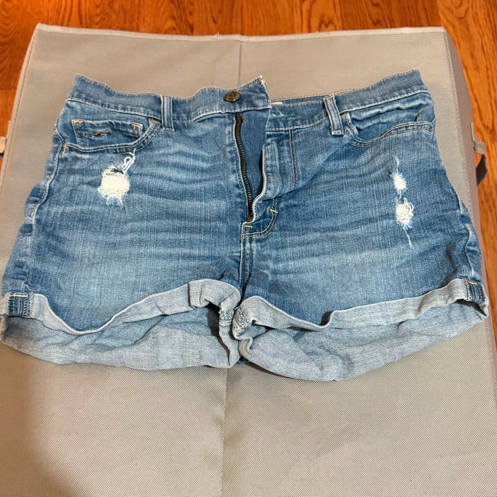 Hollister Blue Distressed Jean Shorts Cuffed Hem
